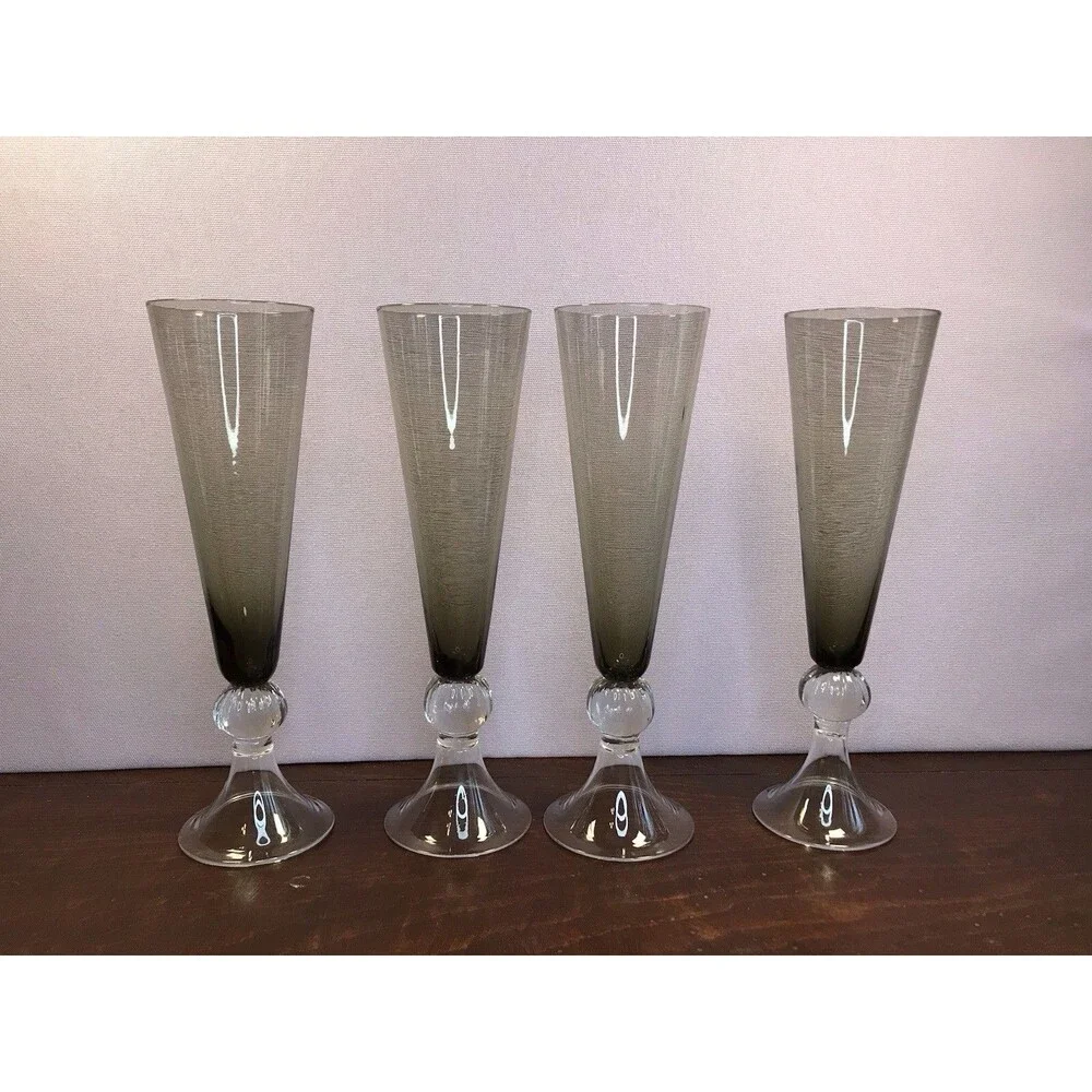 Set of 4 Vintage 1980’s Smokey Green Champagne Glasses Fluted Stemware